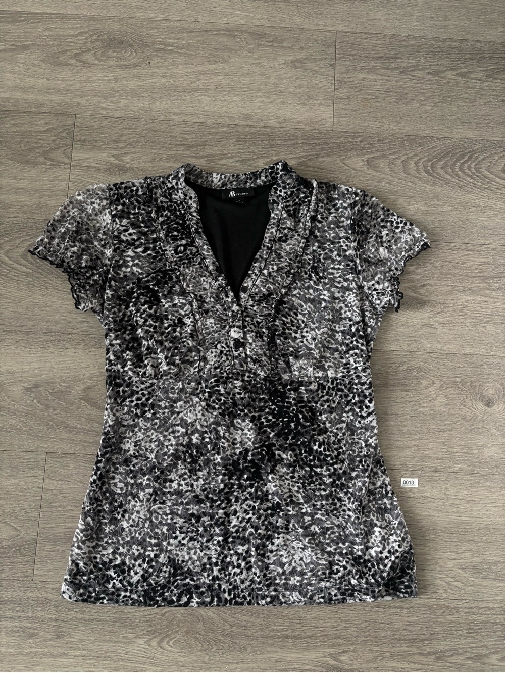 AB Studio Black and Gray Animal Print Ruffle V-Neck Blouse